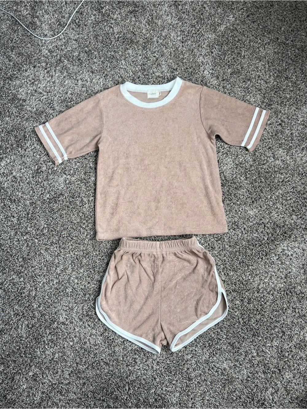 Murray & Finn- Kids Terry Short Sleeve Pajama Set - Beige with White Trim